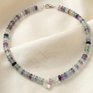 Rainbow Fluorite Beaded Necklace Crystal Quartz Center Drop Sterling Silver 925